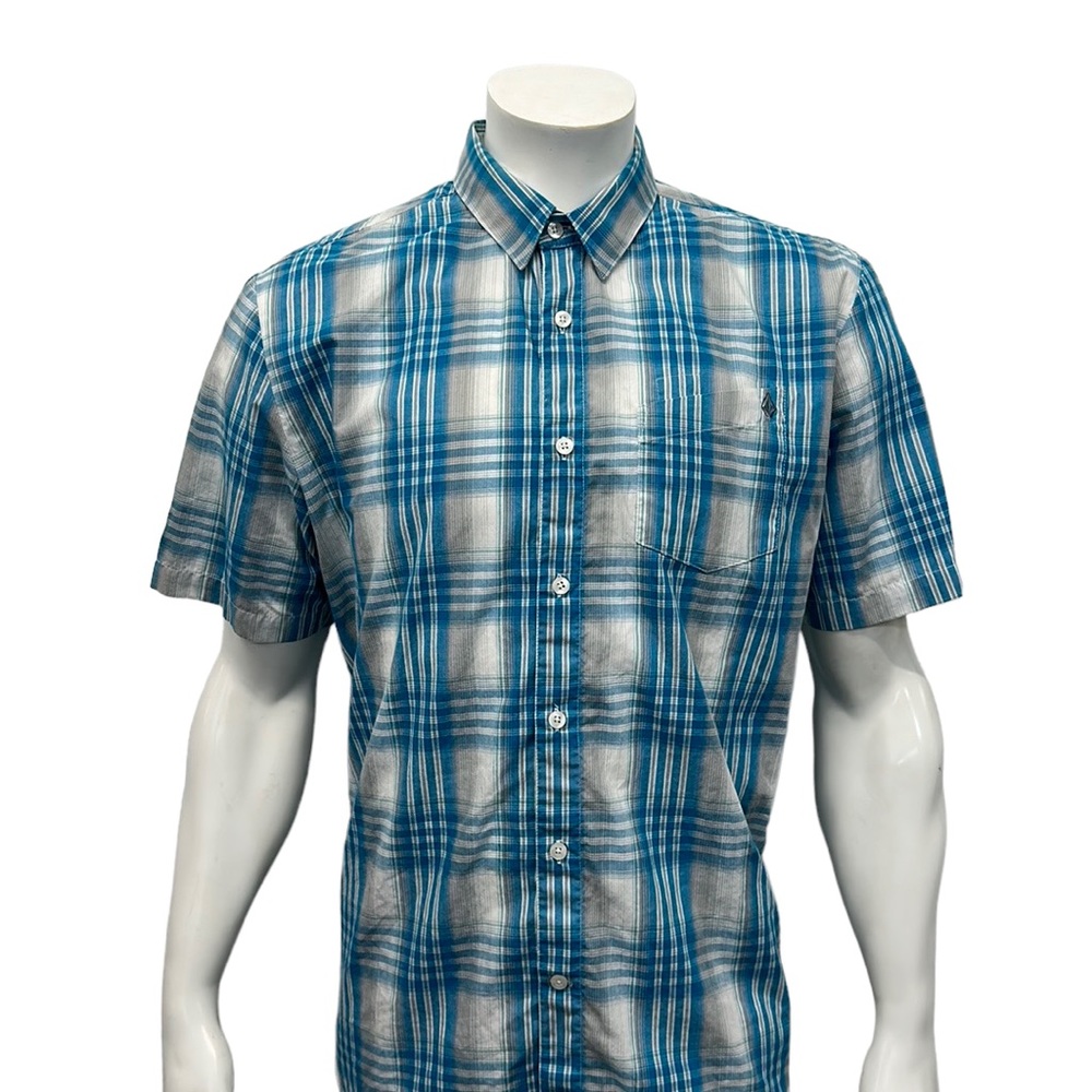 Volcom Blue White Plaid Men’s Button Up Cotton Blend Short Sleeve Shirt Size LG